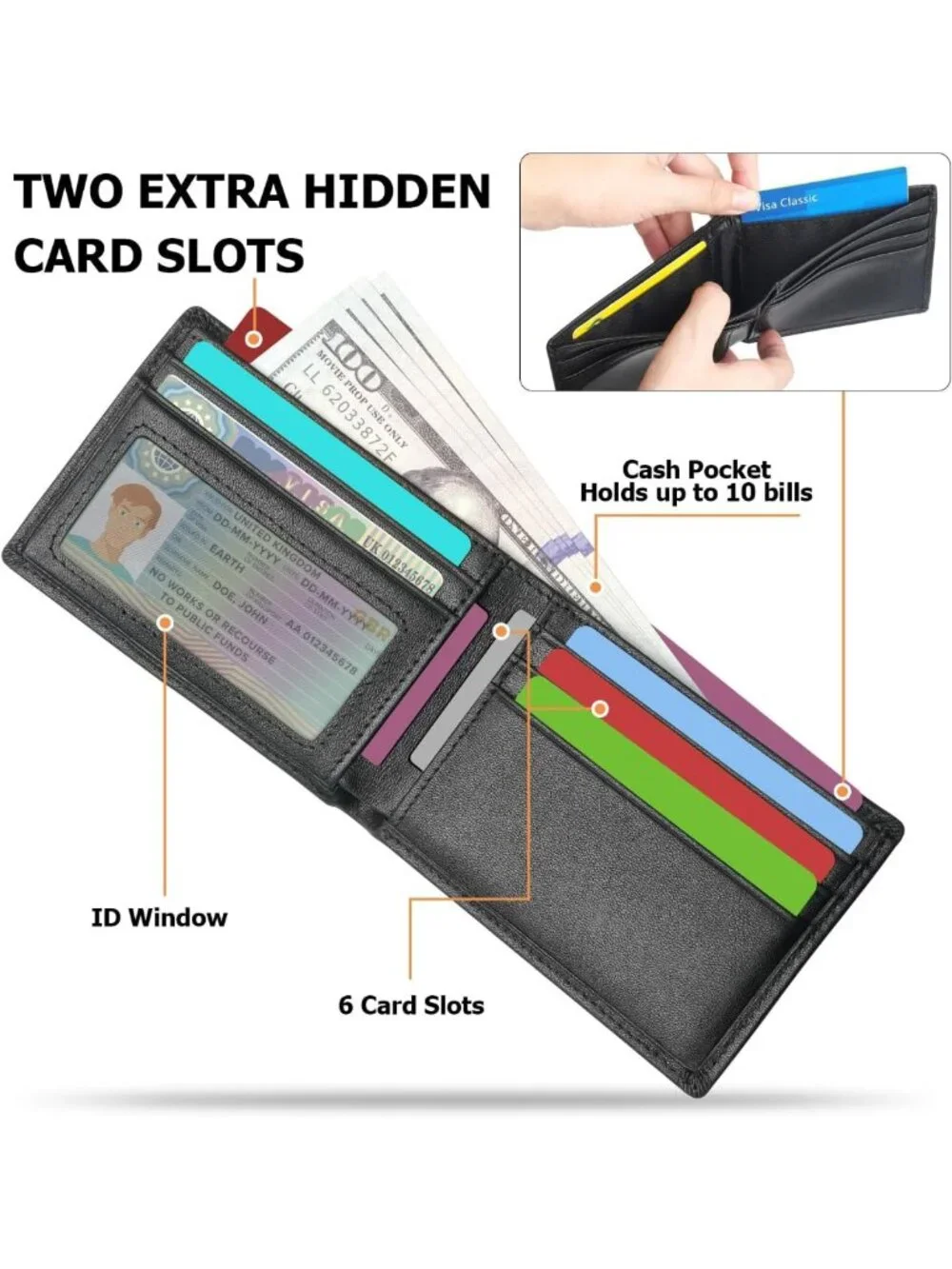 Slim Genuine Leather Wallet for Men, RFID Blocking Bifold, Front Pocket, ID